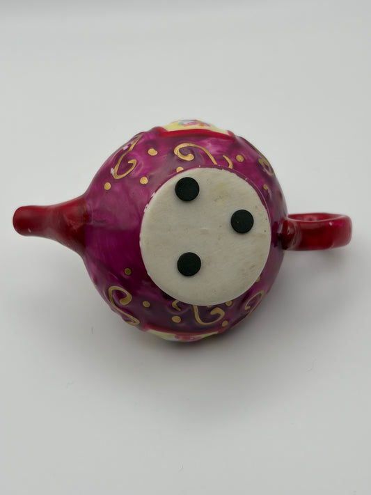 Vintage Porcelain Teapot Trinket Box with Butterfly Trinket Red Gold
