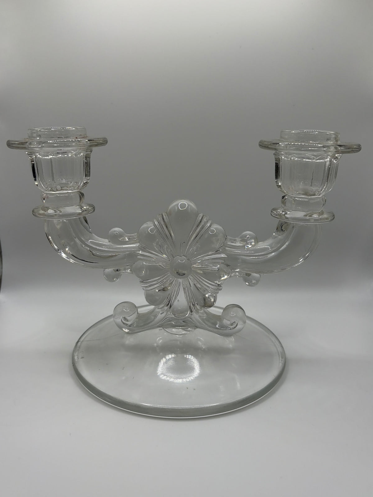 Vintage Clear Glass Double Candle Stick Holder Art Deco 5"x8"