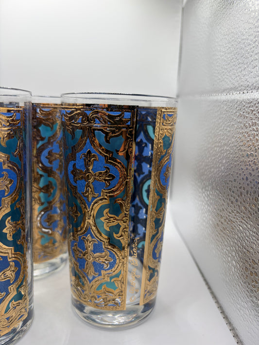 Set of Six Midcentury Blue, Turquoise, and Gold Georges Briard Tumblers - USED