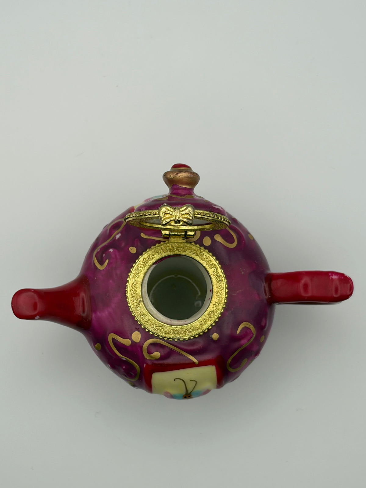Vintage Porcelain Teapot Trinket Box with Butterfly Trinket Red Gold