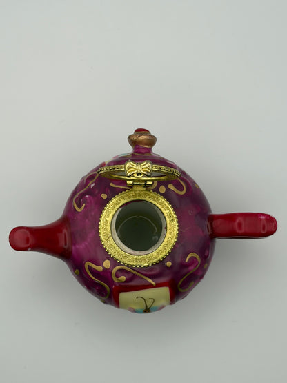 Vintage Porcelain Teapot Trinket Box with Butterfly Trinket Red Gold