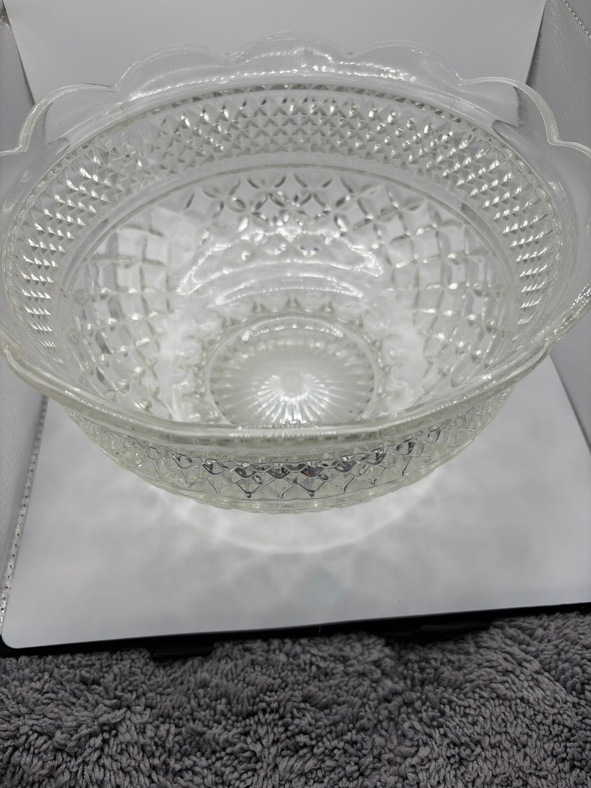 Vintage Anchor Hocking Wexford Bowl: Scalloped Glass Serving Bowl. 10” wide 6” high