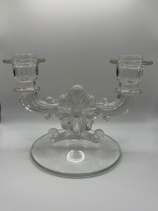 Vintage Clear Glass Double Candle Stick Holder Art Deco  5"x8"