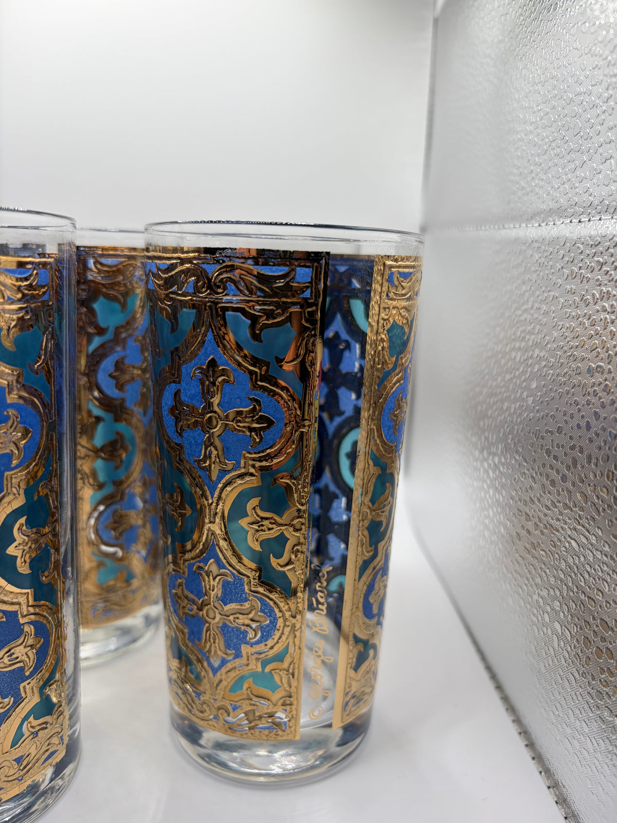 Set of Six Midcentury Blue, Turquoise, and Gold Georges Briard Tumblers - USED