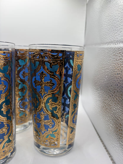 Set of Six Midcentury Blue, Turquoise, and Gold Georges Briard Tumblers - USED