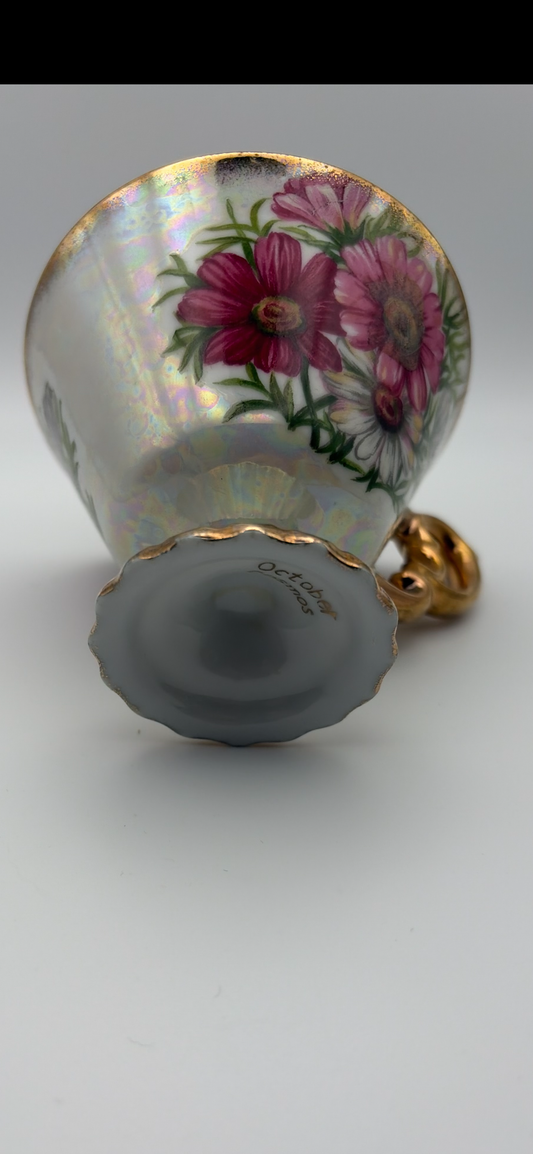 Lusterware Sterling China October Cosmos Flower of  Month Tea Cup Japan