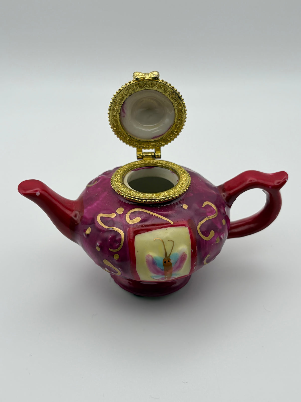 Vintage Porcelain Teapot Trinket Box with Butterfly Trinket Red Gold