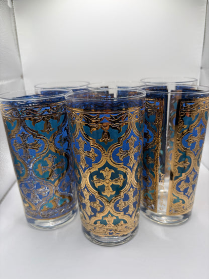 Set of Six Midcentury Blue, Turquoise, and Gold Georges Briard Tumblers - USED
