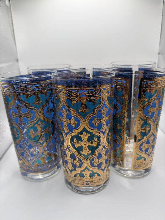 Set of Six Midcentury Blue, Turquoise, and Gold Georges Briard Tumblers - USED