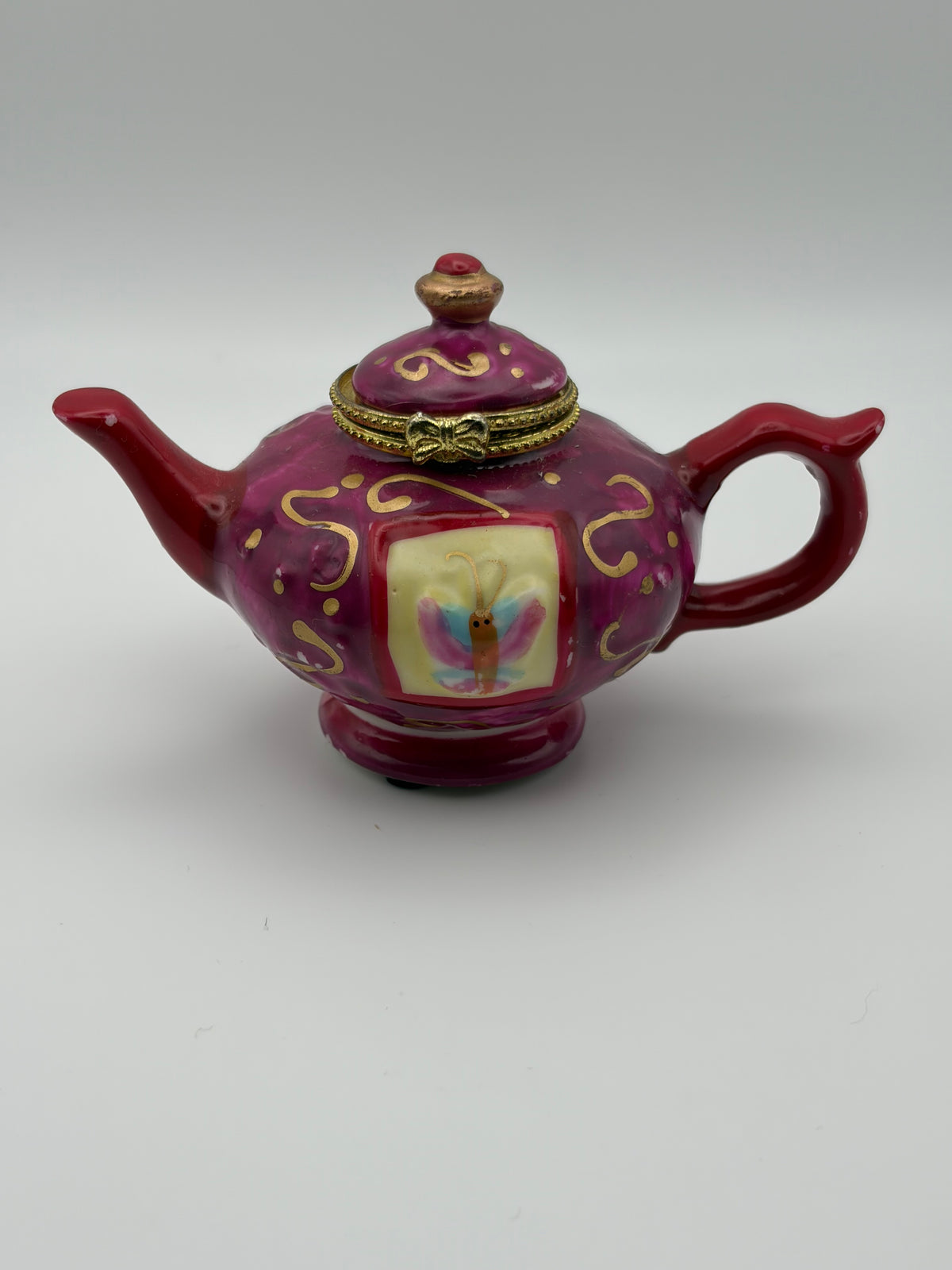 Vintage Porcelain Teapot Trinket Box with Butterfly Trinket Red Gold