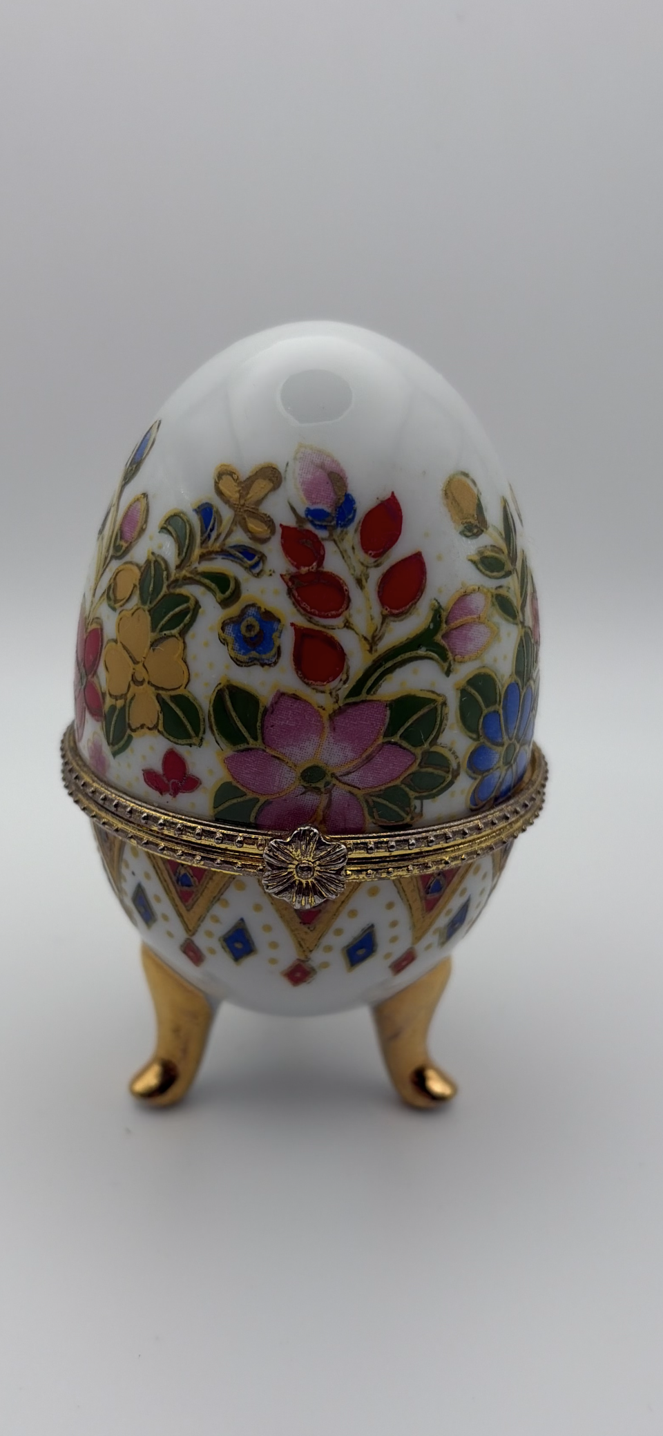 Vintage Porcelain Egg Trinket Box Floral Gold Footed 4”