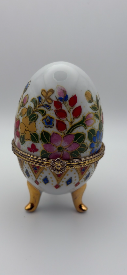 Vintage Porcelain Egg Trinket Box Floral Gold Footed 4”