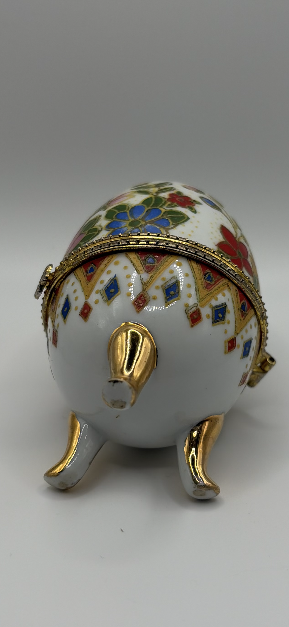 Vintage Porcelain Egg Trinket Box Floral Gold Footed 4”