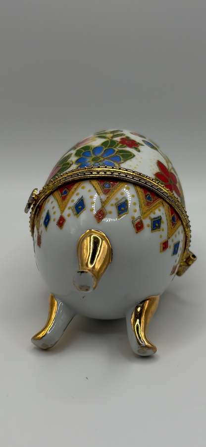 Vintage Porcelain Egg Trinket Box Floral Gold Footed 4”