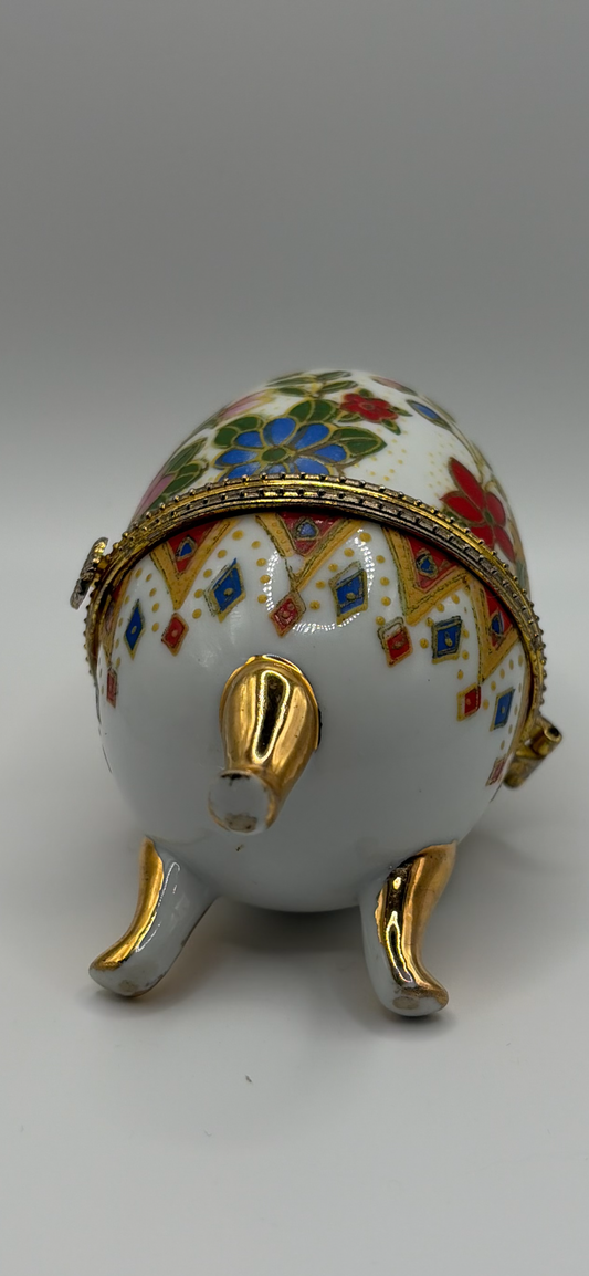 Vintage Porcelain Egg Trinket Box Floral Gold Footed 4”