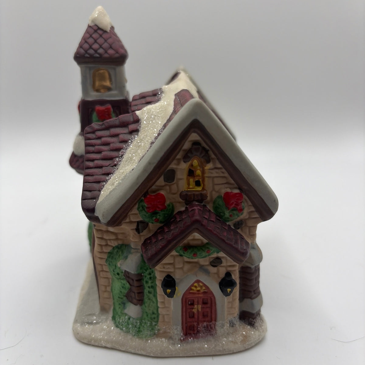 Christmas Village Cobblestone Corner church with choir in window 2002