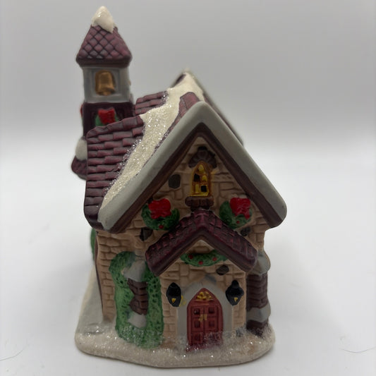Christmas Village Cobblestone Corner church with choir in window 2002