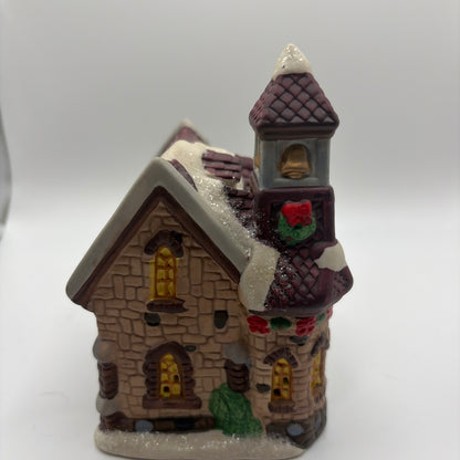 Christmas Village Cobblestone Corner church with choir in window 2002