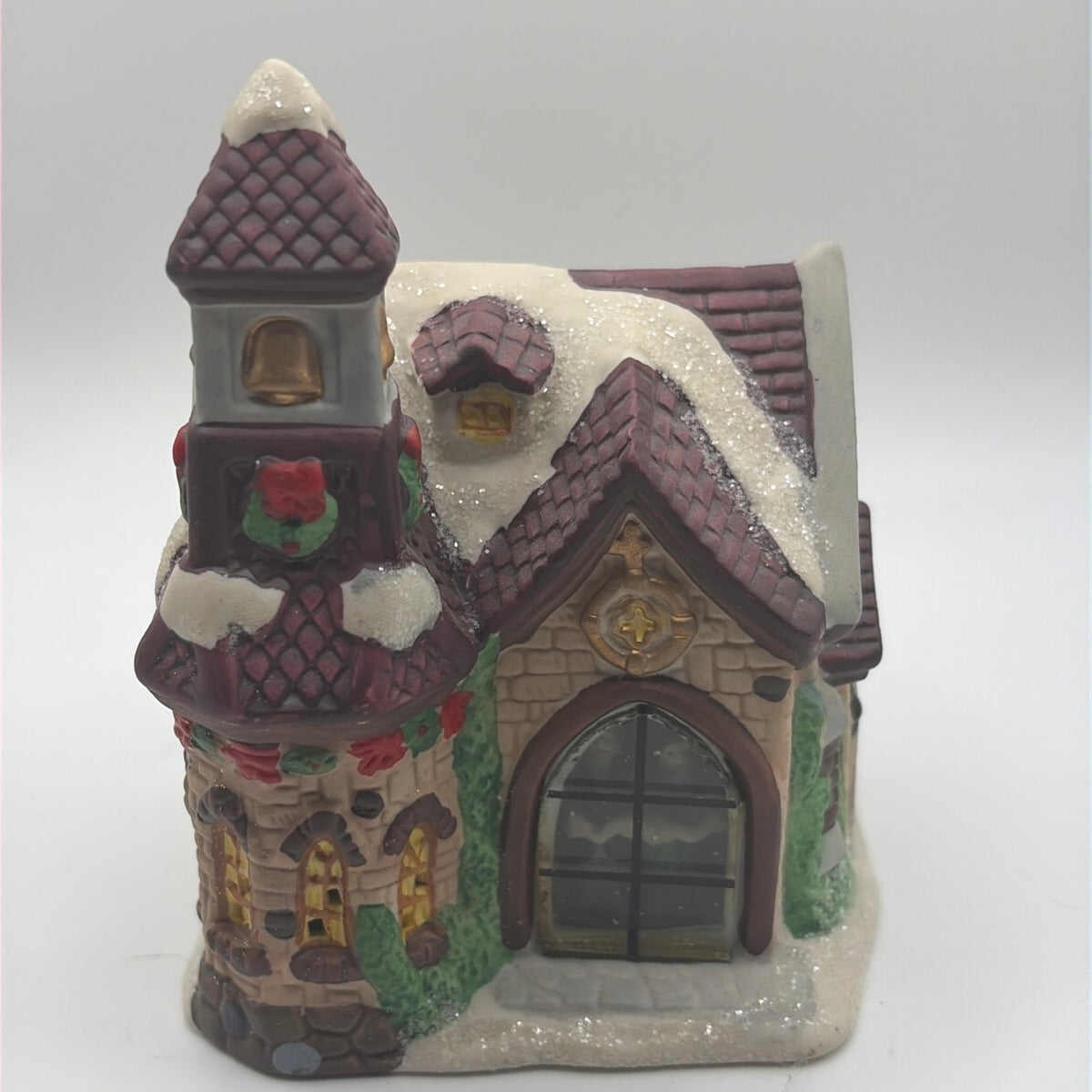 Christmas Village Cobblestone Corner church with choir in window 2002