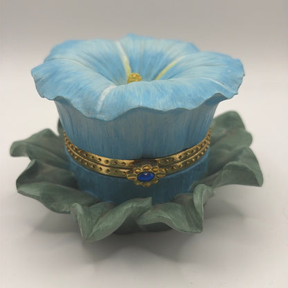 BLUE MORNING GLORY TRINKET BOX LATCHED LID RESIN 4 1/2 X 2 1/2"