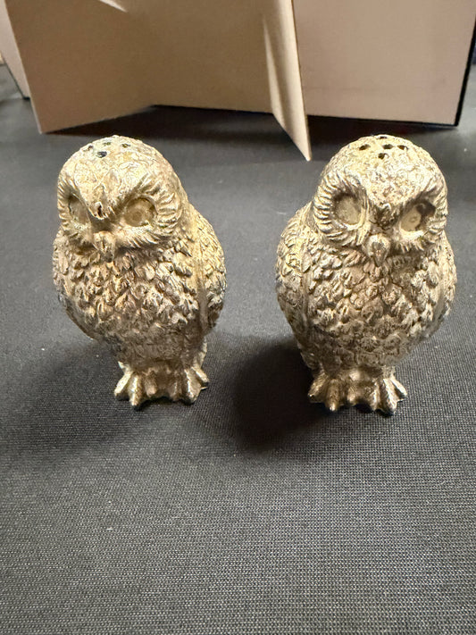 Vintage Pewter Owl Salt & Pepper Shakers Autumn Decor