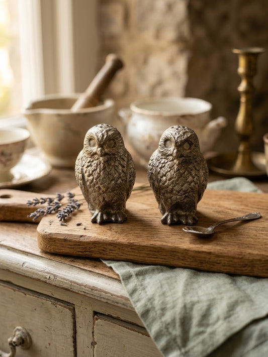 Vintage Pewter Owl Salt & Pepper Shakers Autumn Decor