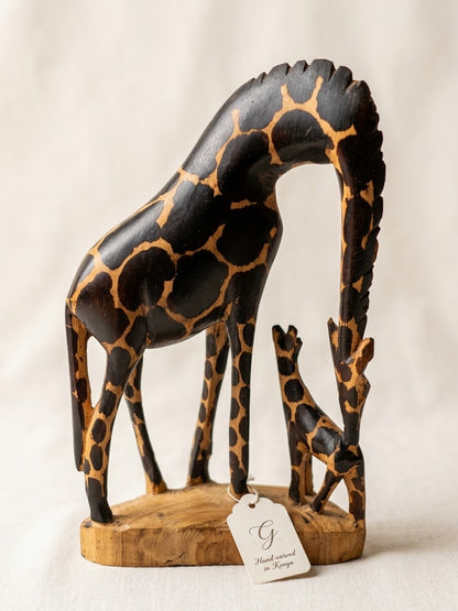 Hand Carved Wooden Giraffe and Calf - Used