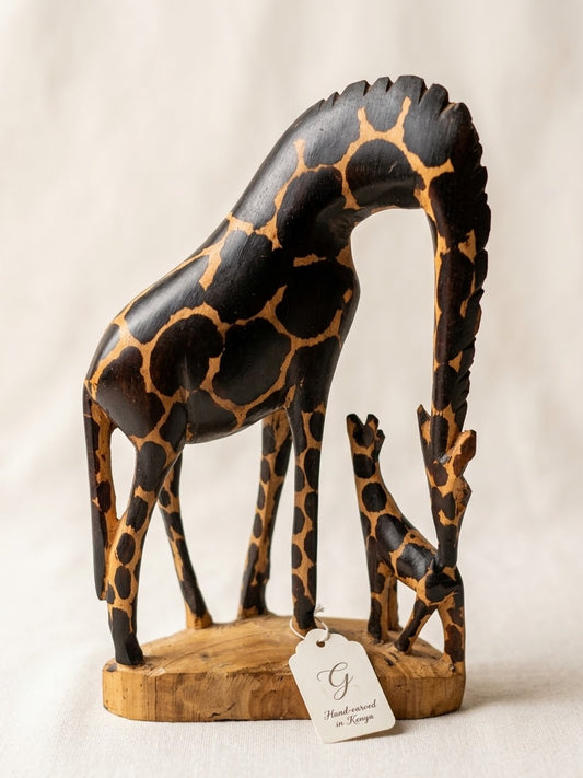 Hand Carved Wooden Giraffe and Calf - Used