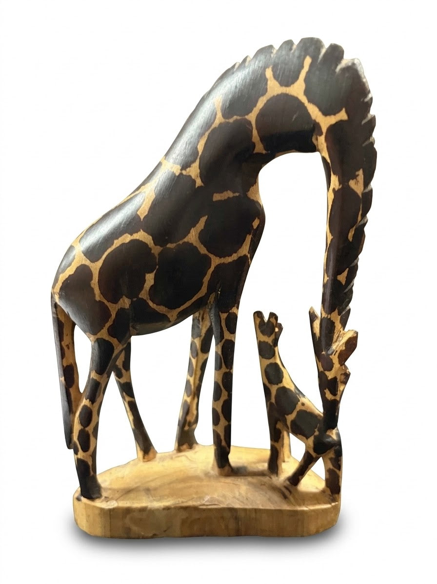 Hand Carved Wooden Giraffe and Calf - Used