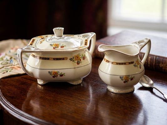 Vintage Grindley Co Sheraton Ivory England Lidded Floral Sugar Bowl & Cream Pottery