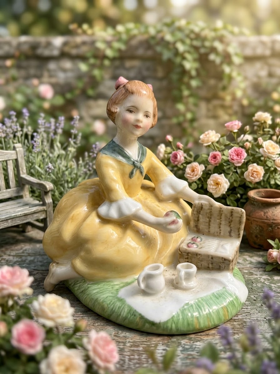 Vtg Royal Doulton HN2308 Picnic Porcelain Figurine Girl Yellow Dress 1964.