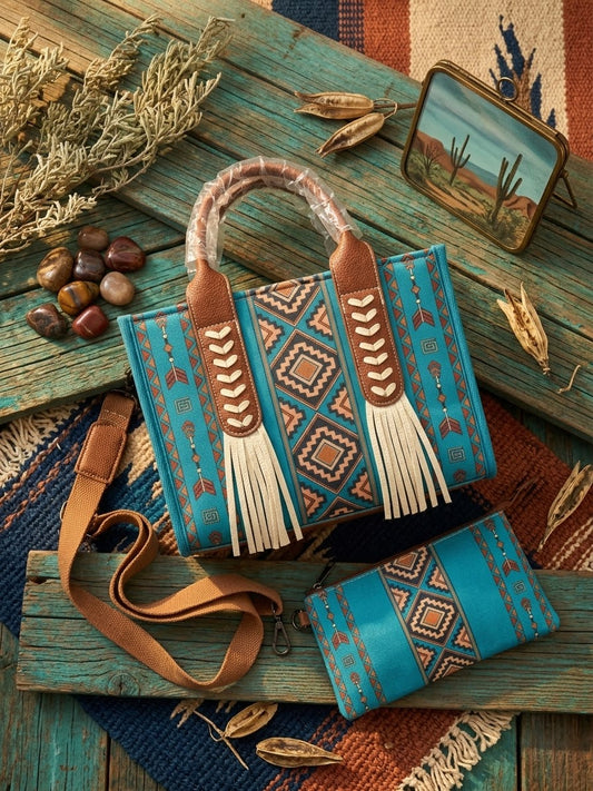 Bohemian Western Style Large Capacity Canvas Hanfbag Vintage Aztec Pattern