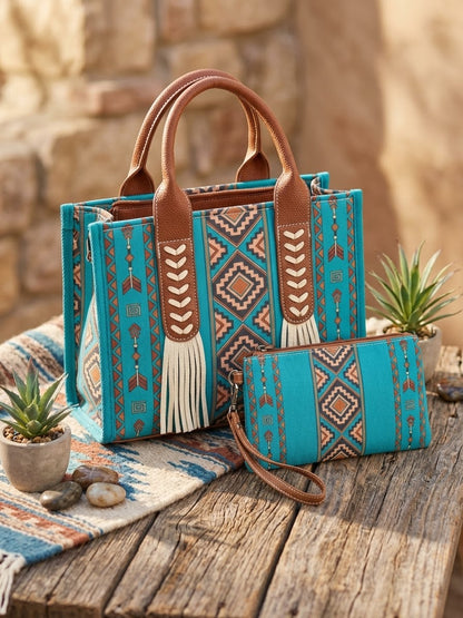 Bohemian Western Style Large Capacity Canvas Hanfbag Vintage Aztec Pattern