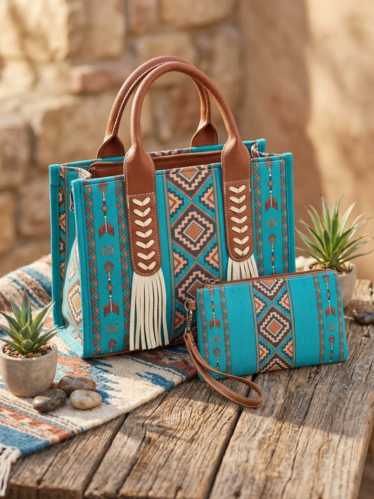 Bohemian Western Style Large Capacity Canvas Hanfbag Vintage Aztec Pattern